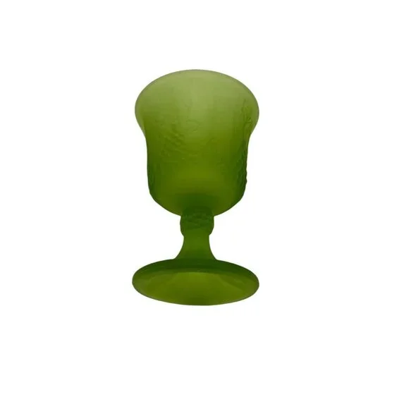 Vintage MCM Indiana Glass Frosted Satin Green Goblet Harvest Grape Pattern 5.25" - Picture 3 of 5